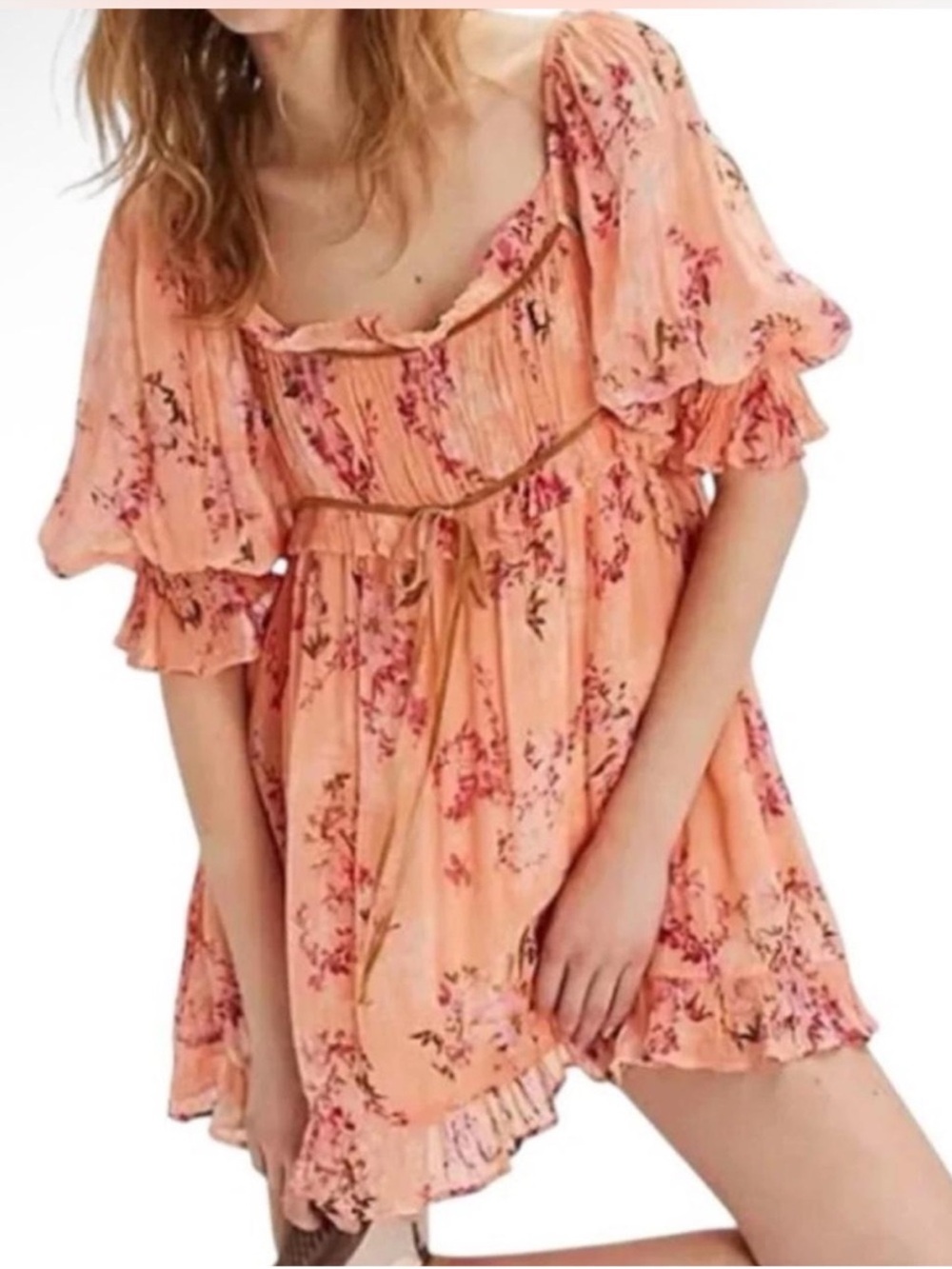 Free People Marney Mini Dress Peach Combo Floral Babydoll Boho Size Large - Picture 5 of 10